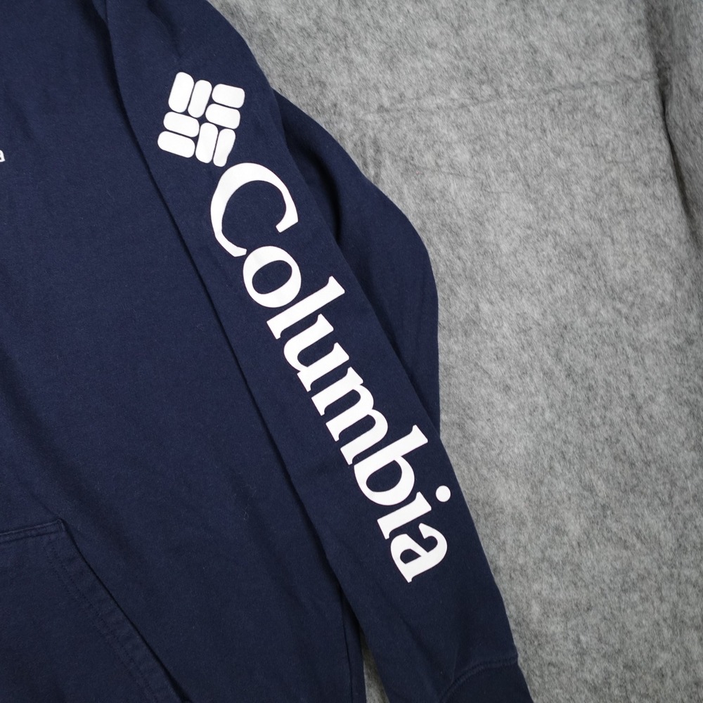 Columbia Hoodie Mens Large Tall Navy Blue Sleeve Logo Graphic Pullover Fleece - Picture 2 of 7